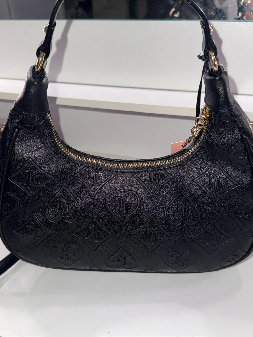 Juicy Couture Black Embossed Logo Crescent Shoulder Bag with Gold Chain